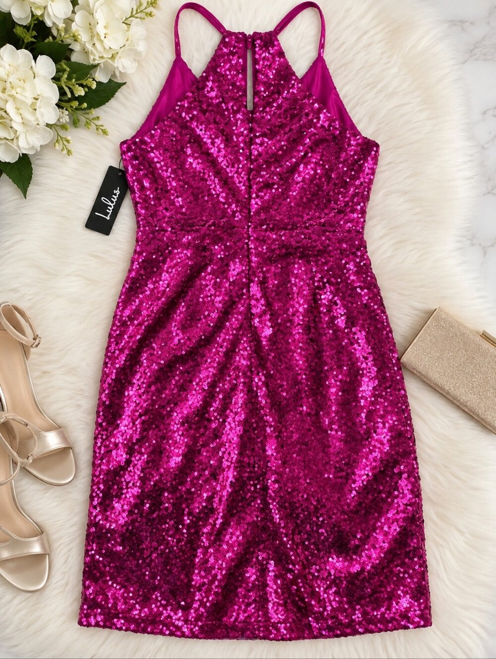 Lulu's Hot Pink Sequin Halter-Style Formal Dress